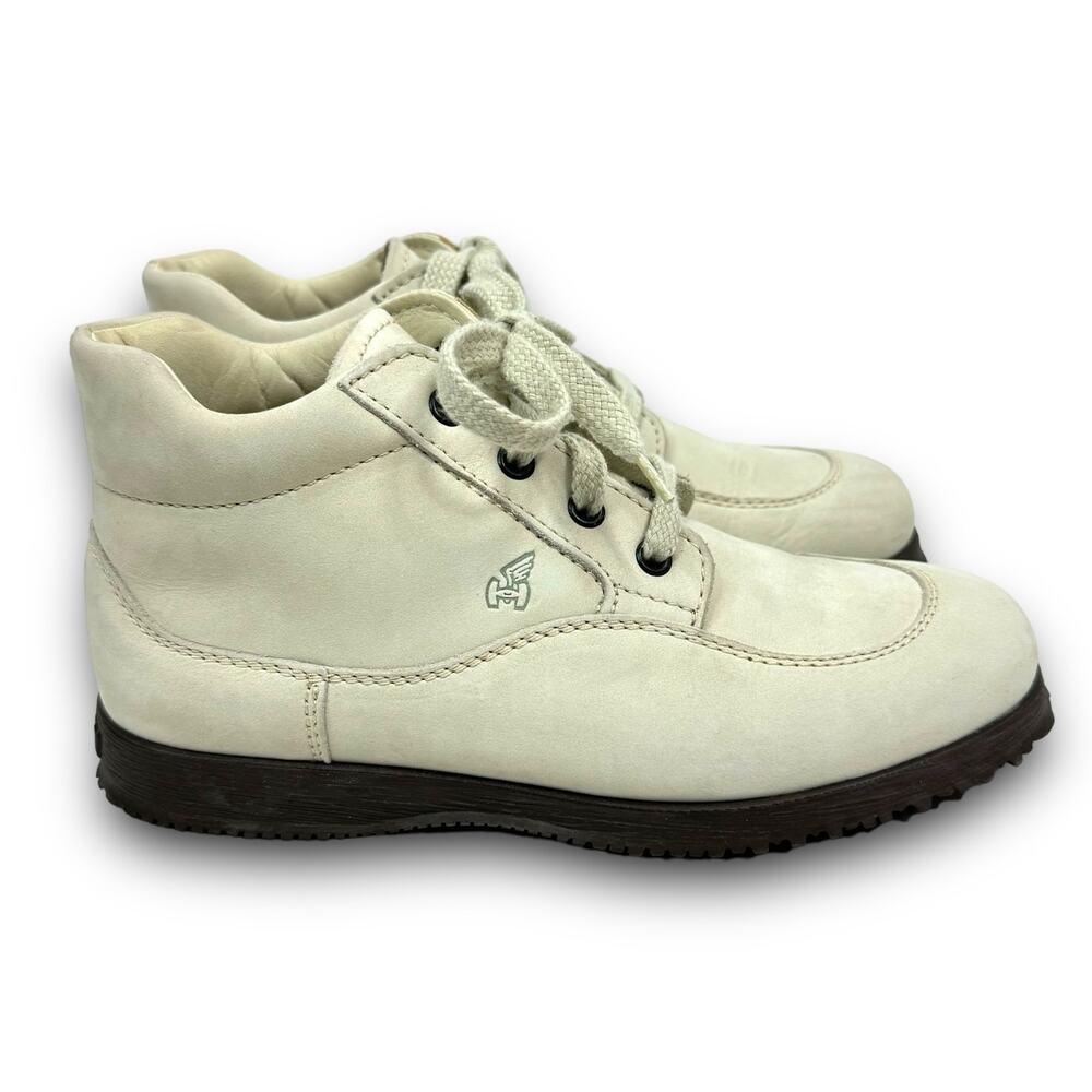 Hogan Leather Polacco Traditional Mid Lace Up Shoes Booties Off White Size 5.5